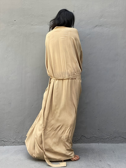 Women's Beige Kimono Cardigan - Casual V-Neck, Long Sleeve with Tie Waist, Lightweight Beach Cover-Up Dress, Breathable & Semi-Sheer for Vacation Layering, Casual Layering Piece|Flowing Beachwear|Breathable Fabric