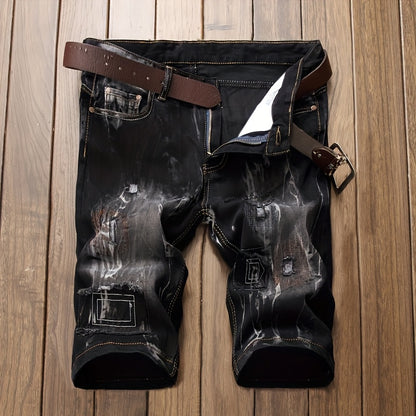 Stylish And Modern Water-Washed Ripped Denim Shorts for Men, Featuring Casual Straight Fit And Embroidered Patches, Perfect for Summer Wear