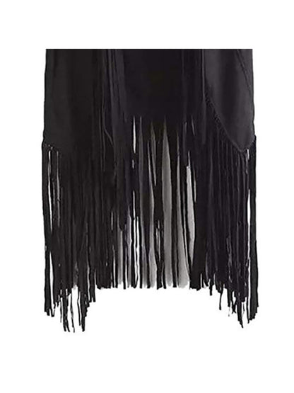 Women' Faux Suede Fringe Vest with Tassels - Western Cowgirl Jacket, Soft Flip-Collar Sleeveless Waistcoat Coat for All-Season Wear, Casual Outfits & Themed Events (Medieval Renaissance Fair) - Solid Color Plain Matching Outerwear