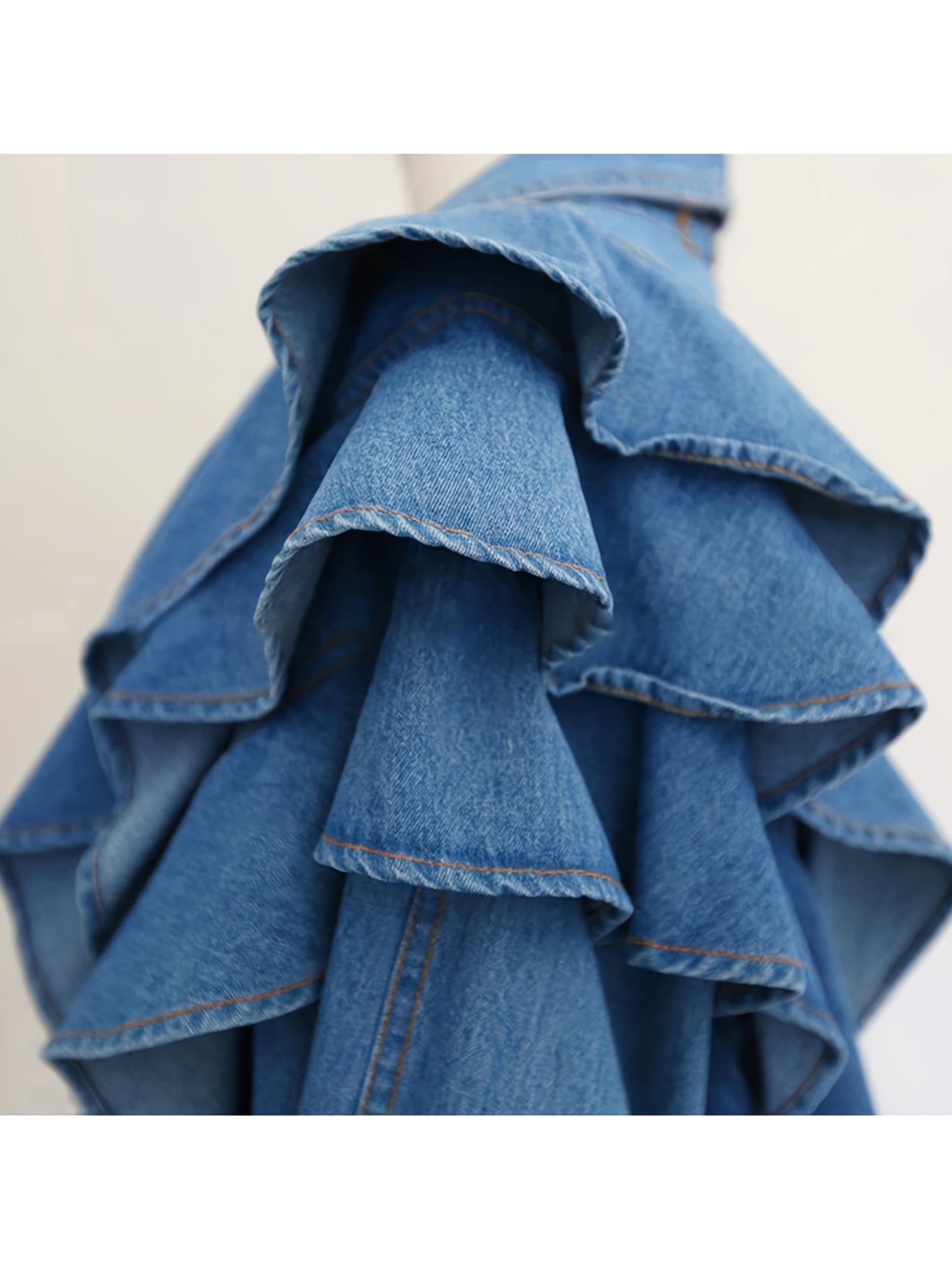 Women'S Washed Light Blue V-Neck Cropped Denim Jacket, Design Sense Ruffled Long Sleeve Waist Cinched Denim Cardigan