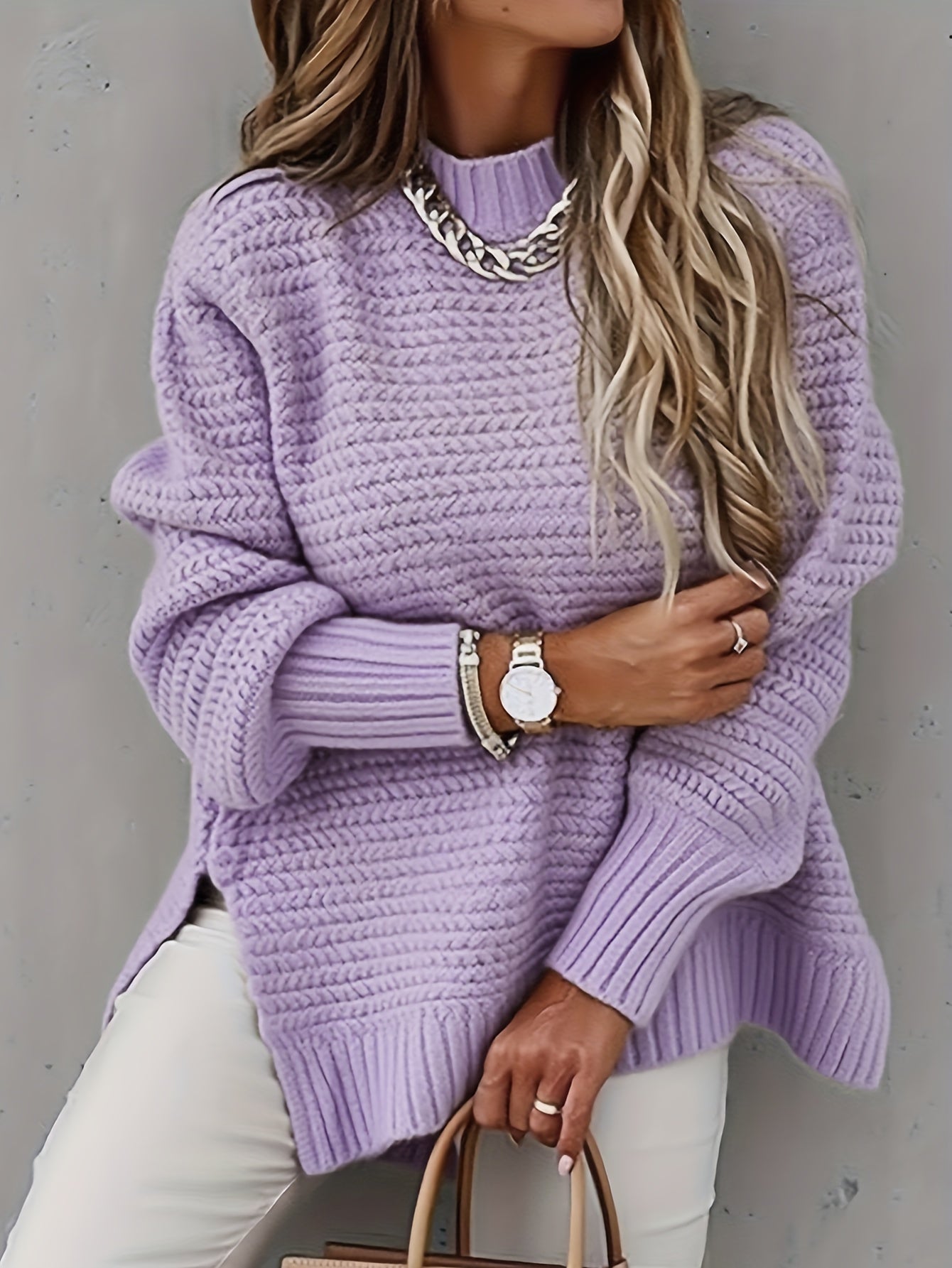 Women's Purple Polyester Oversized Long-Sleeve Sweater - product view 9