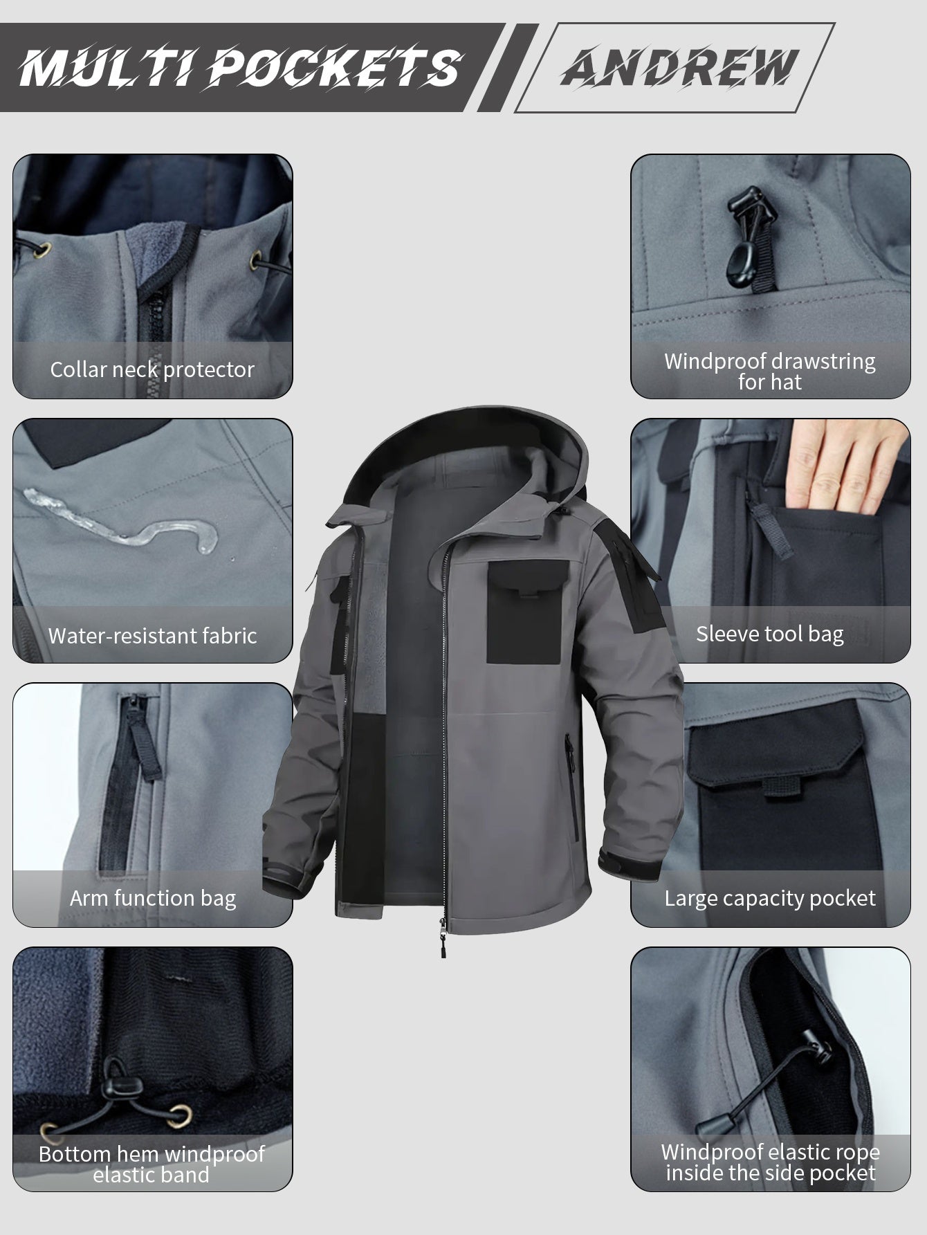 Men's Fleece-Lined Softshell Tactical Winter Jacket with Zip-Up Hooded Coat, Multiple Pockets & Lining - Outdoor Skiing, Hiking, Camping Workwear - Machine Washable Warm Fall/Winter Gear for Cold Weather Activities (Polyester)