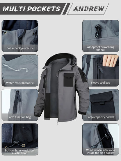 Men's Fleece-Lined Softshell Tactical Winter Jacket with Zip-Up Hooded Coat, Multiple Pockets & Lining - Outdoor Skiing, Hiking, Camping Workwear - Machine Washable Warm Fall/Winter Gear for Cold Weather Activities (Polyester)