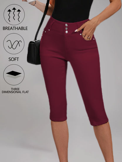 [High-Waisted Stretch Capri] Women's Deep Red High-Waisted Stretch Capri Pants Triple Row Button Fly with Metal Rivet Accents Booty Lifting Design 7/8 Length Cropped Jeans High Elasticity Soft Comfortable Machine Washable Versatile Wardrobe Essential for