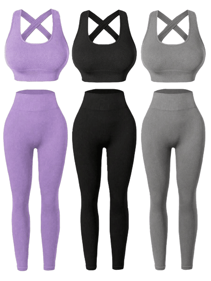 Three Seamless Women'S Activewear Sets High-Stretch Backless Bra And Hip-Lifting Leggings with Crossover Strap Details