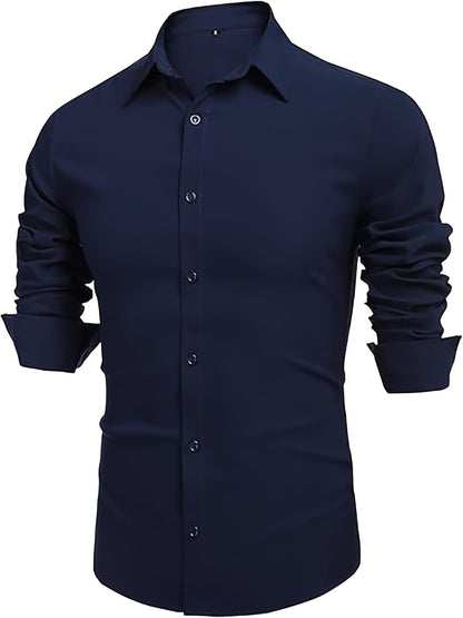 URRU Men's Muscle Fit Slim Stretch Dress Shirt - 4-Way Stretch Fabric (65% Rayon/25% Nylon/10% Spandex), Square Collar, Long Sleeve Button- Casual Shirt for All-Season Wear, Machine Washable Solid Color, Versatile Menswear, Classic Collar Design