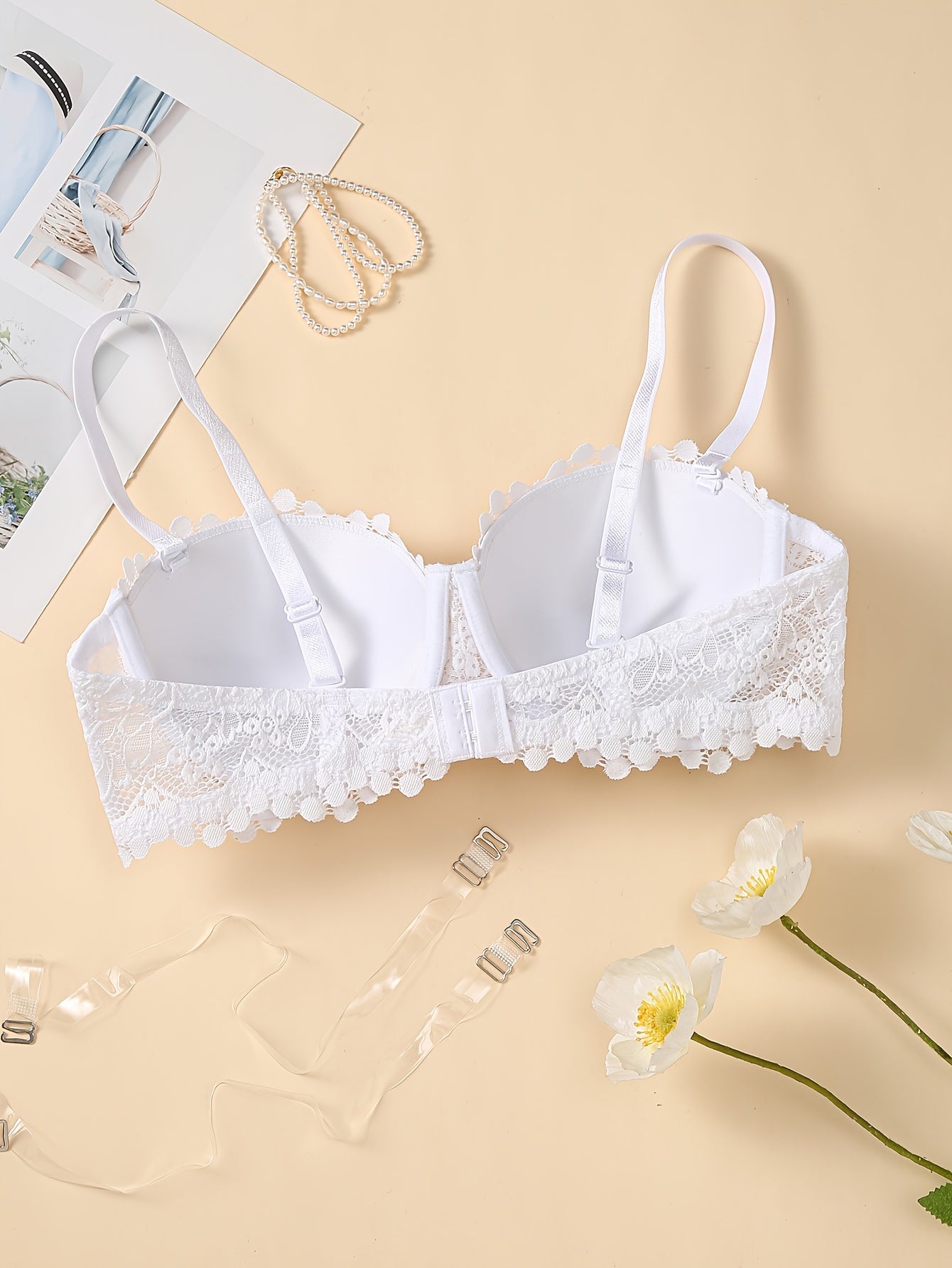 1pc Women'S White Lace Push Up Bra With Adjustable Straps, Floral Lace Bra With U-shaped Straps, Suitable For Everyday Occasions