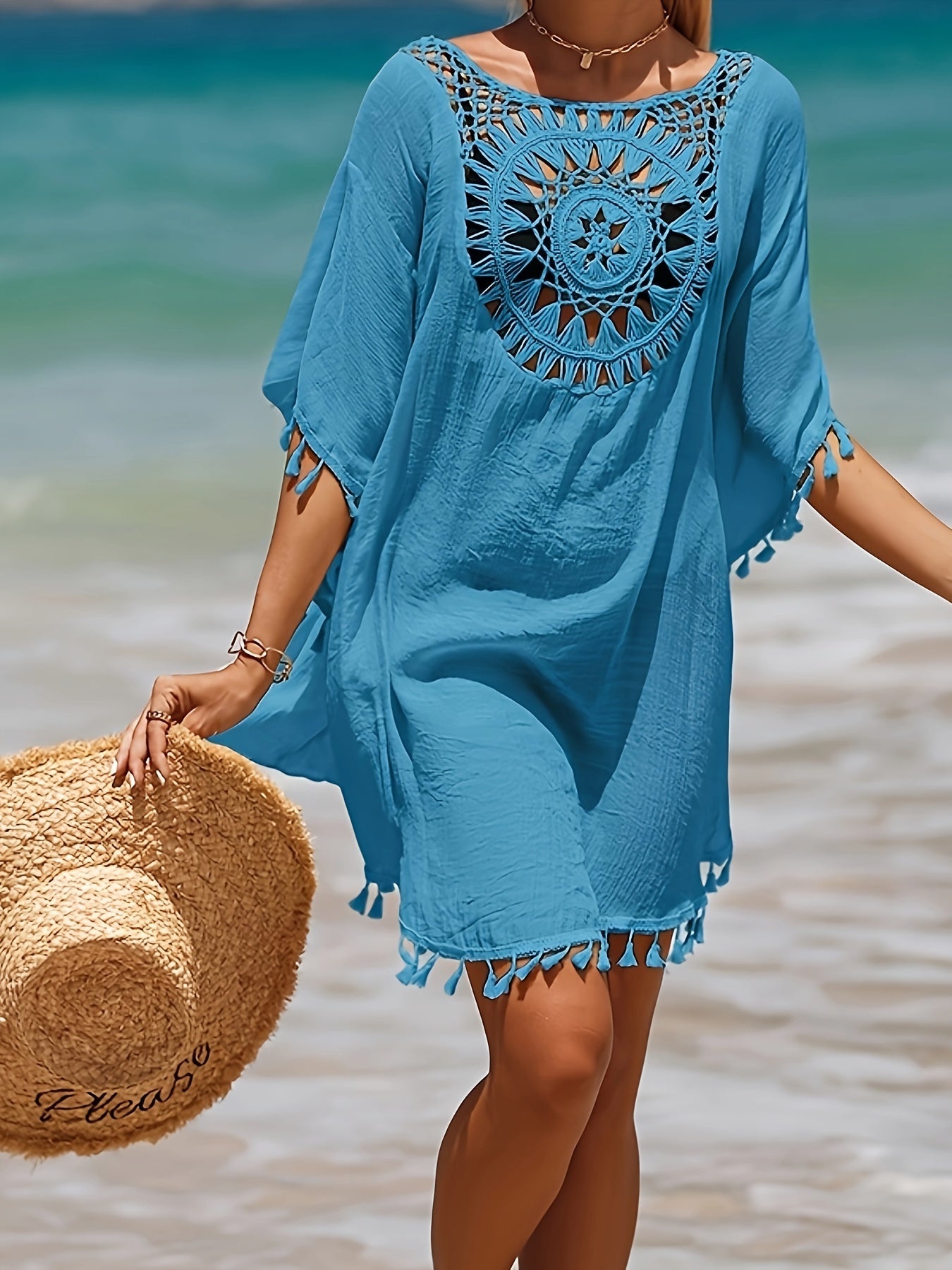 Lace Crochet V-Neck Dress Designed As a Cover-Up for Women'S Swimwear, Perfect for The Beach