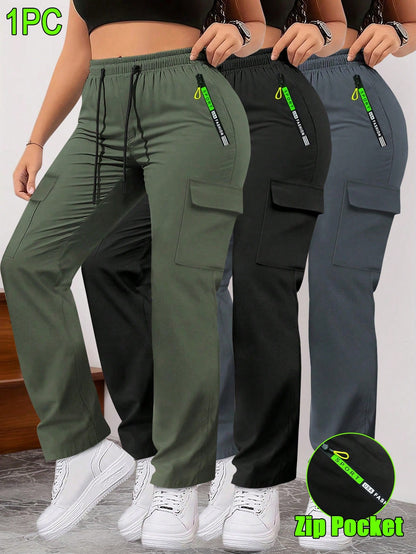 Women'S Spring/Autumn Zipper Pocket Cargo Pants, Fashionable Large Pocket Design, Drawstring Elastic Waist, Casual Outdoor/Daily Wear Slim Fit Trousers