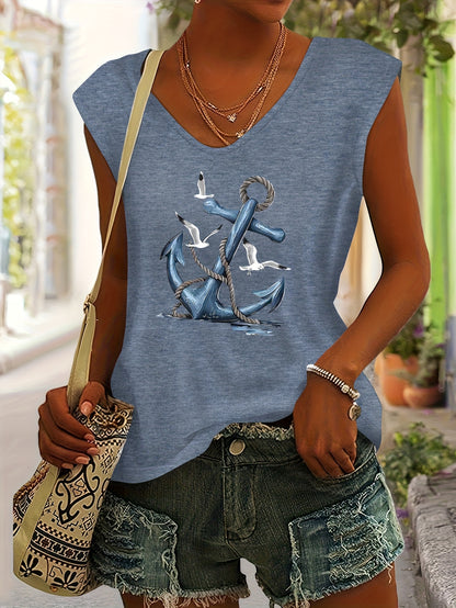 Blue Anchor Seagull Ocean Sailor Pattern Print European And American Style Women'S Spring Summer Casual Easy Versatile Vacation Color V-Neck Raglan Short Sleeve T-Shirt