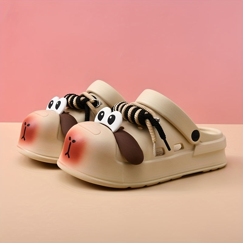 Women's Cute Cartoon Dog Design EVA Clogs - Summer Slip-On Sandals with Thick Sole, Non-Slip Beach Shoes, Beige & Brown Accents, Fun and Functional for Outdoor Play, Casual Footwear | Playful Shoe Design | Smooth Texture Footwear, Women Shoes