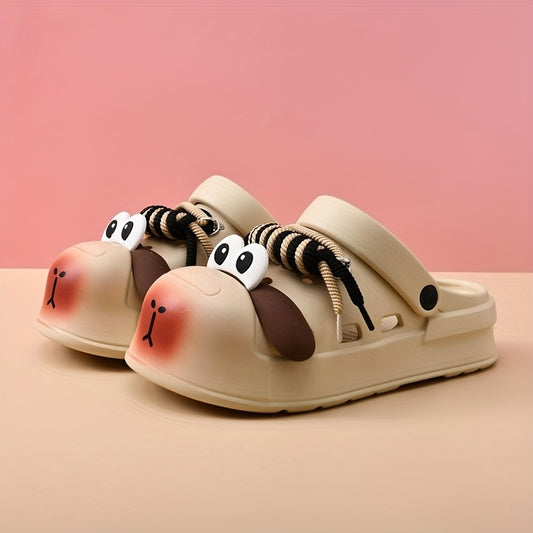Women's Cute Cartoon Dog Design EVA Clogs - Summer Slip-On Sandals with Thick Sole, Non-Slip Beach Shoes, Beige & Brown Accents, Fun and Functional for Outdoor Play, Casual Footwear | Playful Shoe Design | Smooth Texture Footwear, Women Shoes
