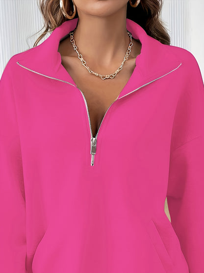 Casual Women's Drop Shoulder Sweatshirt with Half - Zip, Solid Color Sport Pullover