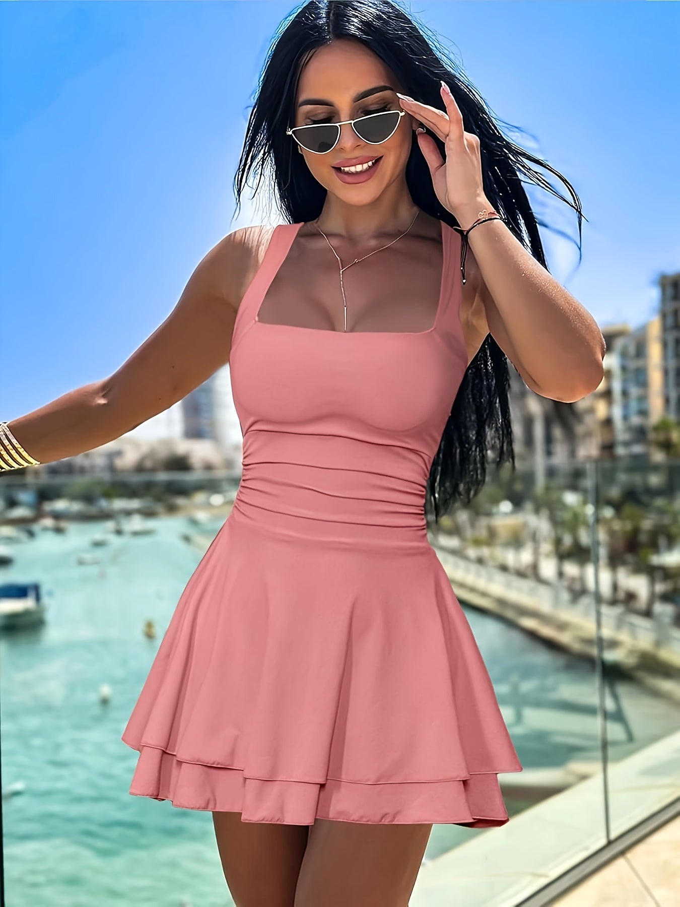 Women'S Square Neck Ruffle Hem Mini Dress Pleated Waist Short Party Dress