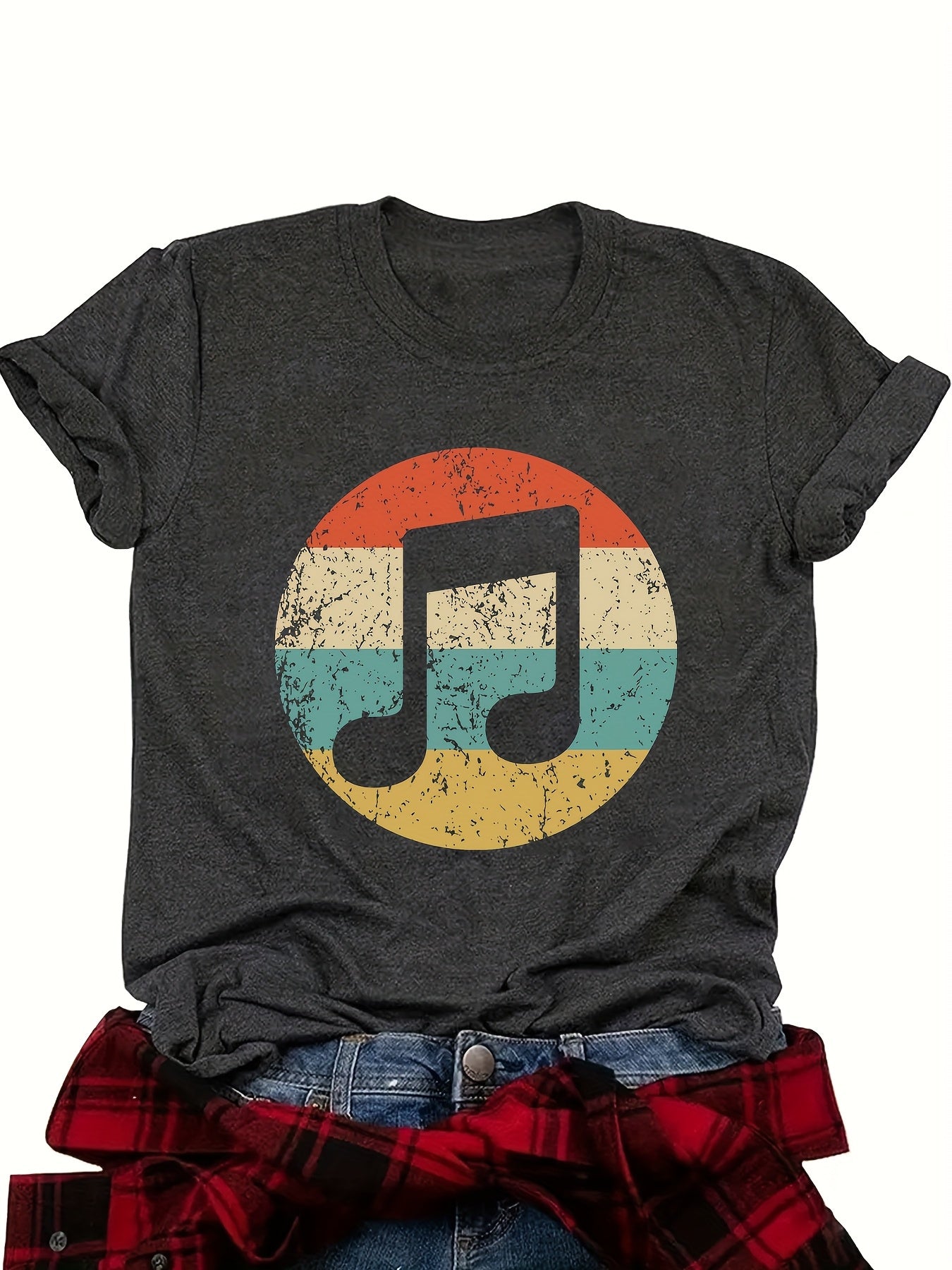 Women's Casual Music Note & Rest Signature () T-Shirt - Round Neck Short Sleeve Top, Non-Transparent Fabric Suitable for Festivals, Concerts & Daily Wear - Machine Washable Musical Score Blouse