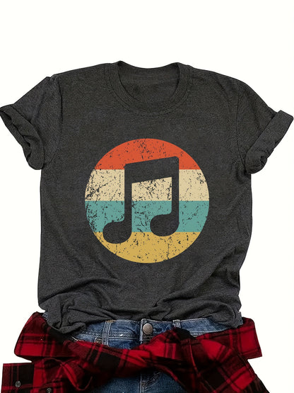 Women's Casual Music Note & Rest Signature () T-Shirt - Round Neck Short Sleeve Top, Non-Transparent Fabric Suitable for Festivals, Concerts & Daily Wear - Machine Washable Musical Score Blouse