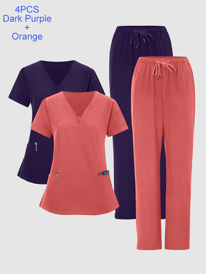[Breathable Work Clothes] 4pcs Set of Women's Frosted Breathable Uniform with Pockets, Hand Washing Clothes, Work Clothes, Hand Brushing Clothes, Pants Set