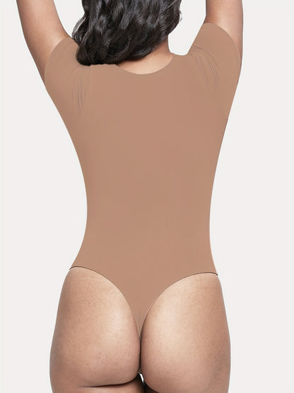 Women's Classic Scoop Neck Short Sleeve Bodysuit - Soft Nude Stretchy Breathable Fabric, Lightweight All-Season Versatile Wear for Office, Vacation & Parties, Sexy Short Sleeves Blouses, Office Outfit, Minimalist Style, Comfortable Fit, Fitted Top, Office