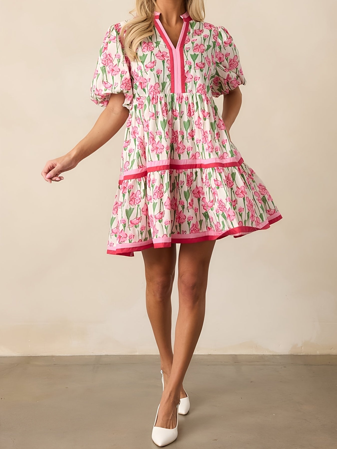 Women'S Summer Floral Mini Dress, Puff Sleeve Short Sleeve V-Neck Loose Bohemian Style Beach Dress, Floral Print