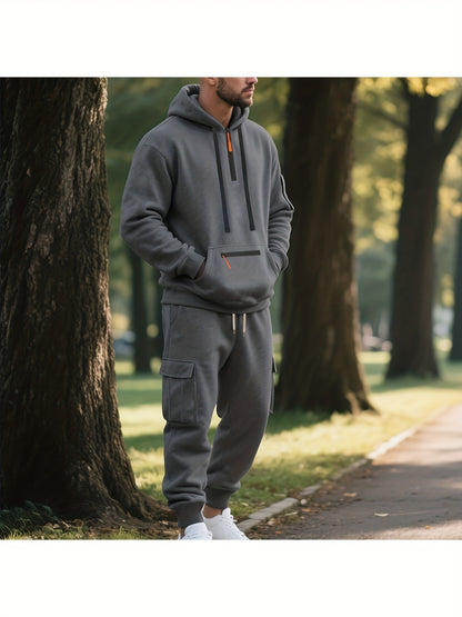 1 Set Of 2pcs Men's Thermal Sportswear - -Lined Hooded Long-Sleeve Pullover And Pocketed Sweatpants. Features Warm Lining And Breathable Fabric, Ideal for Everyday Warmth In Fall And Winter, Outdoor Activities, And More.