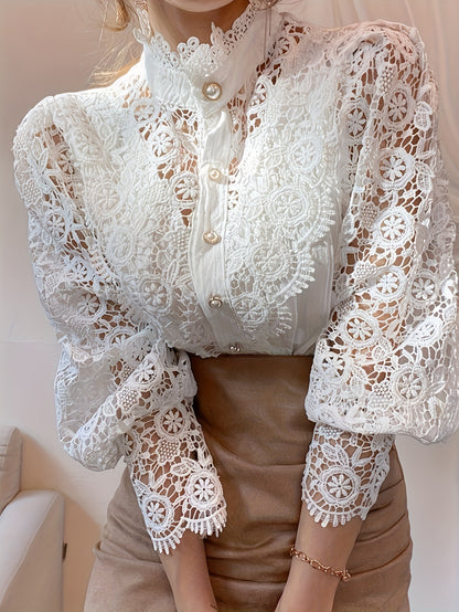 Women's Shirt Heavy Lace Hollow Flower Long Sleeve Lace Stand Collar Pearl French Button Top Shirt