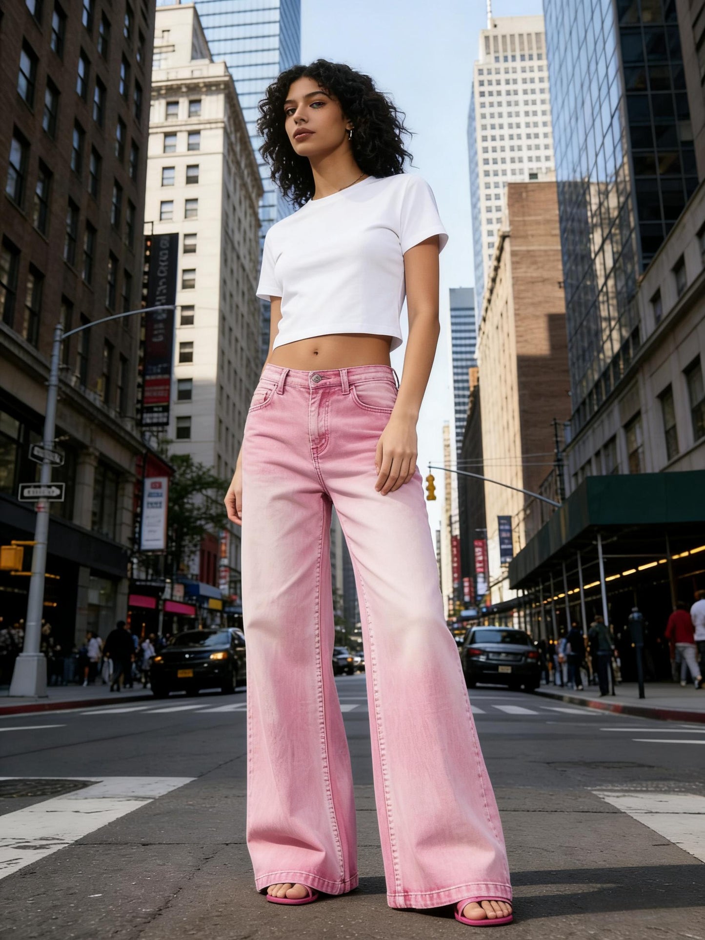 Women'S High-Waisted Wide-Leg Jeans - Pink Ombre Floor-Sweeping Trousers, Stretchy Wide-Leg Pants for Sweet And Cool Style, Machine Washable Casual Wear (Non-)