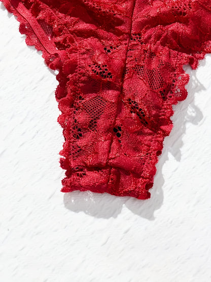 Big Size Sultry Valentine Lace Sleepwear Dress Set - Exquisite Lace, Flattering V-Neckline, Daring Backless Design, Delicate Ruffle Trim, Trendy Split Hem, Seductive Thong Detail, Ultra-Comfortable Fabric, Perfect for Romantic Night, Anniversary Gift