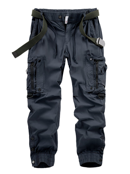 Solid Cargo Men's Casual Long Pants with Multiple Pockets AndButtons, Outdoor Hiking Camping Mountaineering