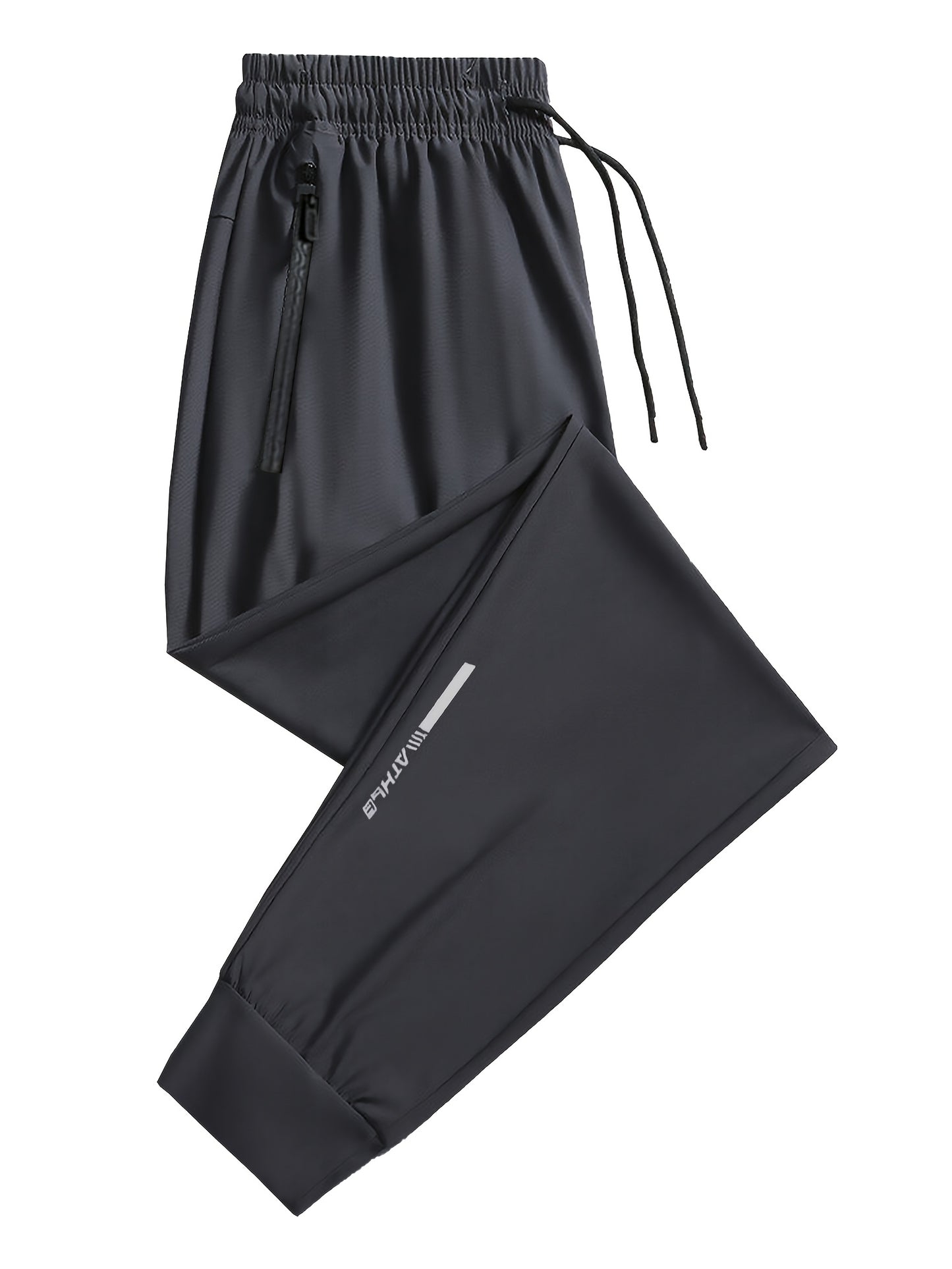 3pcs Men's Summer Solid Color Tapered Sports Pants, High Stretch Fiber, with Ribbed CuffDesign, Nylon 80%Spandex 20%, Reflective Stripe Design At The Hem Of Pants, Regular Fit with ZipperPockets, Breathable ComfortableRunningTraining LongTrousers