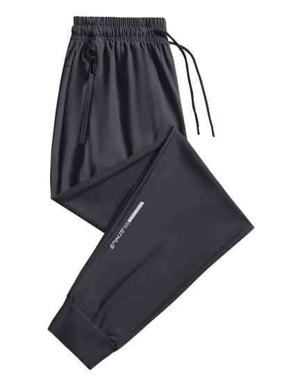 3pcs Men's Summer Solid Color Tapered Sports Pants, High Stretch Fiber, with Ribbed CuffDesign, Nylon 80%Spandex 20%, Reflective Stripe Design At The Hem Of Pants, Regular Fit with ZipperPockets, Breathable ComfortableRunningTraining LongTrousers