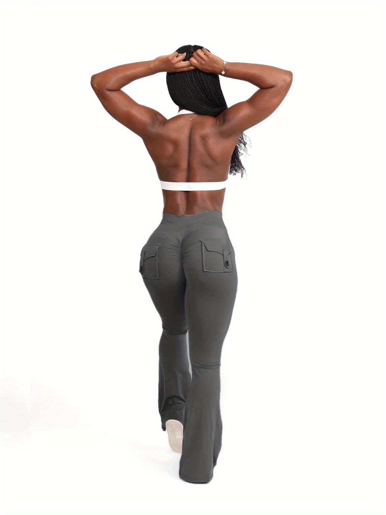FOEIERAA 1pc Fashion Workwear Style Flare Pants, Women's Casual Flare Pants, High-Waist Pocket Joggers, Workwear Style Peach Butt Yoga Pants, Quick-Dry Tummy Control Butt Lifting Sexy Long Pants, Flare Leggings