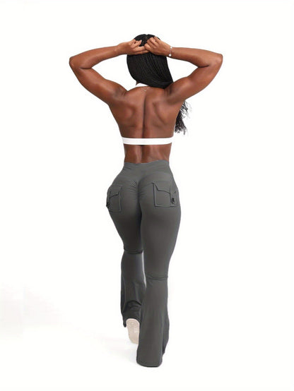 FOEIERAA 1pc Fashion Workwear Style Flare Pants, Women's Casual Flare Pants, High-Waist Pocket Joggers, Workwear Style Peach Butt Yoga Pants, Quick-Dry Tummy Control Butt Lifting Sexy Long Pants, Flare Leggings