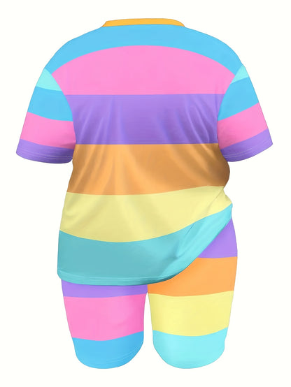 Plus Size, European And American Fashion Color-blocked Stripe Print Casual Shorts Set Plus Size Suit