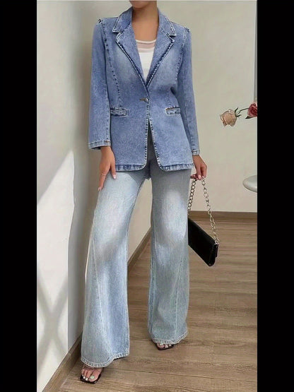 Women's Classic Denim Jacket, Casual V-Neck Long Sleeve Solid Color Coat with Pockets, Regular Fit Woven Fabric for Fall/Winter, Casual Attire | Stylish Denim Blazer | Glossy Finish Jacket
