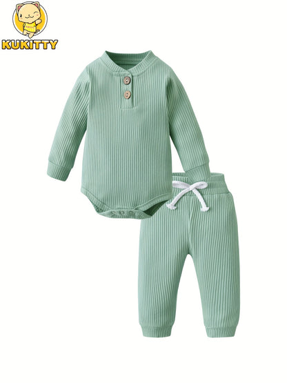 Kukitty Newborn Baby Boys Girls Clothes Unisex Long Sleeve Solid Color Ribbed Bodysuit And Pants Outfits Set, for Outdoor