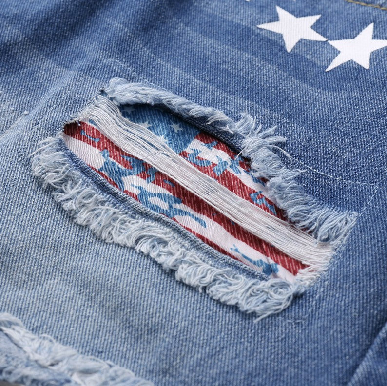 Women's Blue Denim Printed High-Waist Denim Shorts - product view 6
