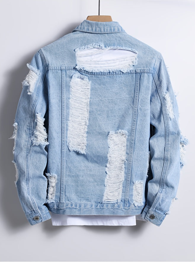 HME Men'S Street Fashion Large Distressed Denim Jacket - Light Blue Vintage Distressed Lapel Coat