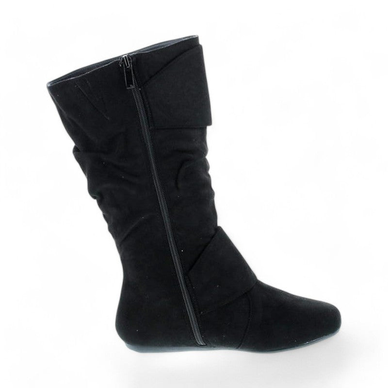 Women's Closed Round Toe Buckle Slouch Flat Heel Mid-Calf Boot