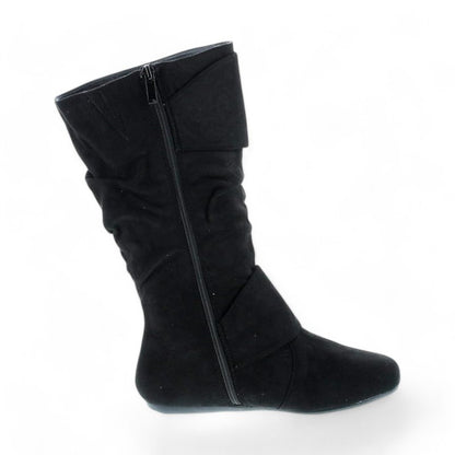 Women's Closed Round Toe Buckle Slouch Flat Heel Mid-Calf Boot