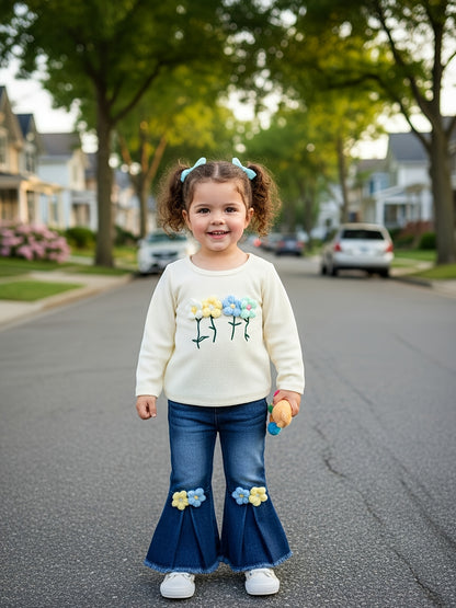 2pcs Baby Girls Set 3D Floral Long Sleeve Top Denim Flare Jeans Spring Fall Outdoor Play Outfit, Perfect for Outdoor