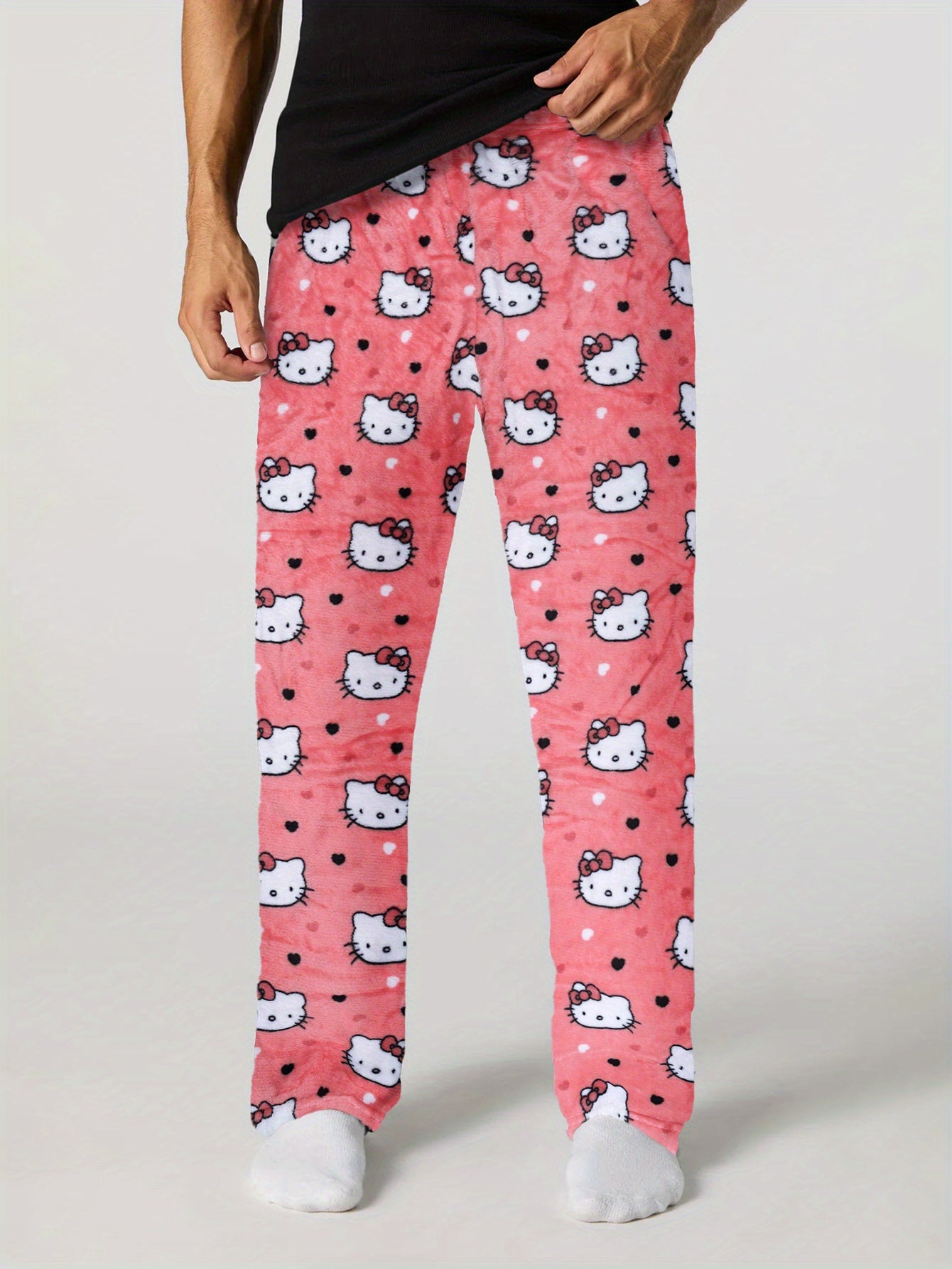 Sanrio Hello Kitty Men's Anime Pajamas - Hello Kitty Face & Iconic Print Flannel Sleepwear, Cozy Winter Lounge Pants, Machine Washable Cartoon Sleepwear for & Men (-)