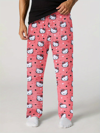 Sanrio Hello Kitty Men's Anime Pajamas - Hello Kitty Face & Iconic Print Flannel Sleepwear, Cozy Winter Lounge Pants, Machine Washable Cartoon Sleepwear for & Men (-)