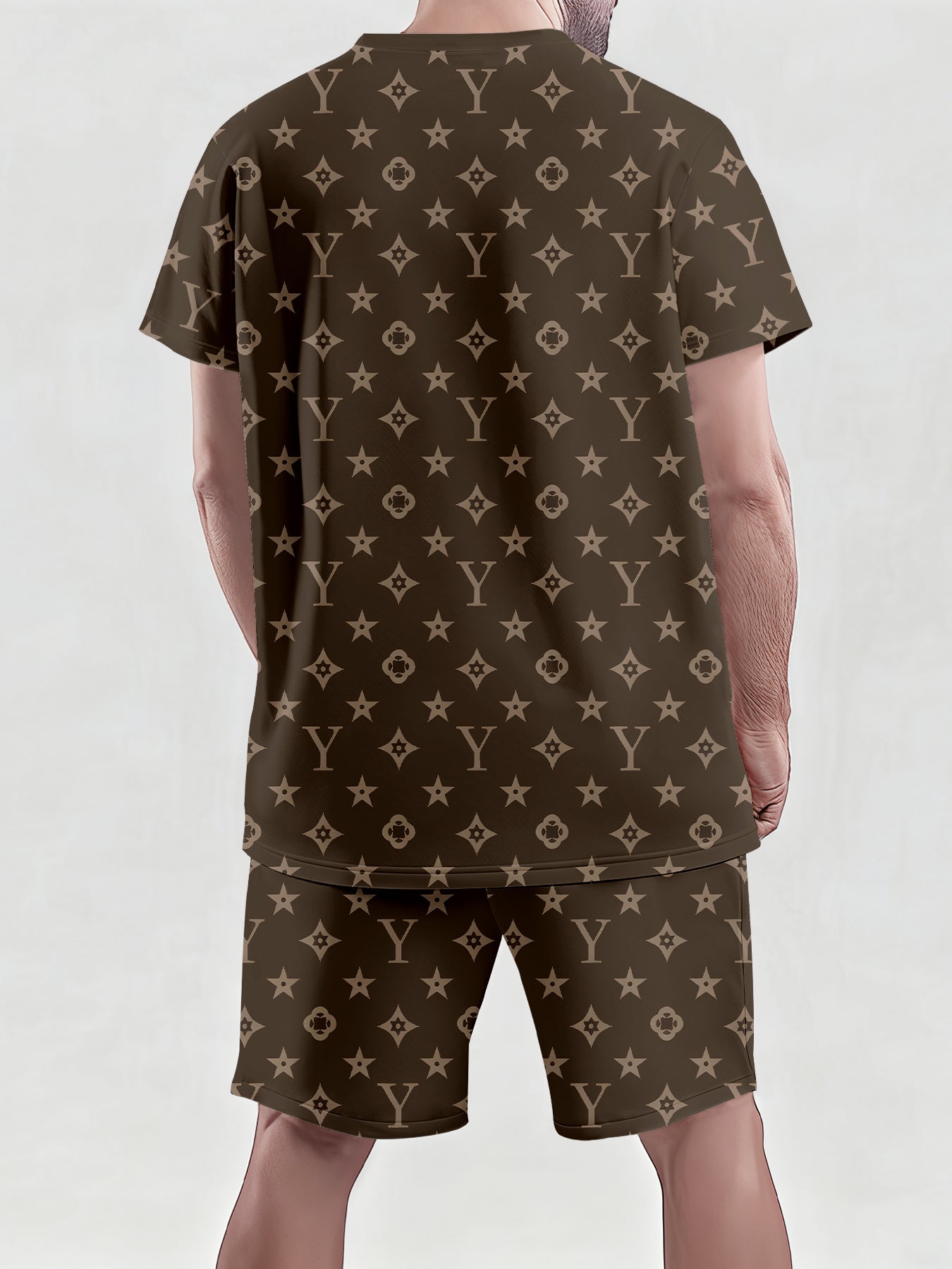 Men'S 3D Digital Print Casual Short Sleeve Shorts Set, Luxury Style Full Monogram Print, Classic Y-Shaped Jacquard Design 2pcs Outfit, Effortlessly Achieves an Upscale Look And Showcases a Unique Luxury Taste