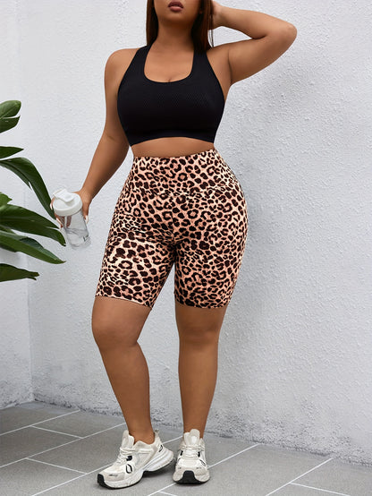 PLUS Size High Waist Leopard Print Sport Shorts With Side Pocket - Spring Summer New Arrivals