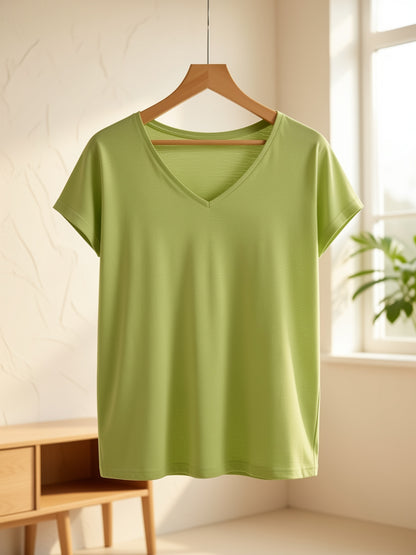 Ladies' Fashion V-Neck T-Shirt Solid Color Casual Loose Basic Top