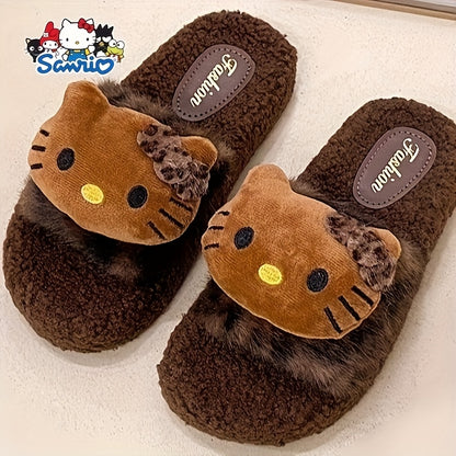 [Authorized] Sanrio Hello Kitty Plush Slippers - Cute Clothing Shoes with Hello Kitty Face & Leopard Print, Non-Slip PVC Sole, Soft Microfiber for - /Bedroom Wear ( &) - Slip, Women Shoes