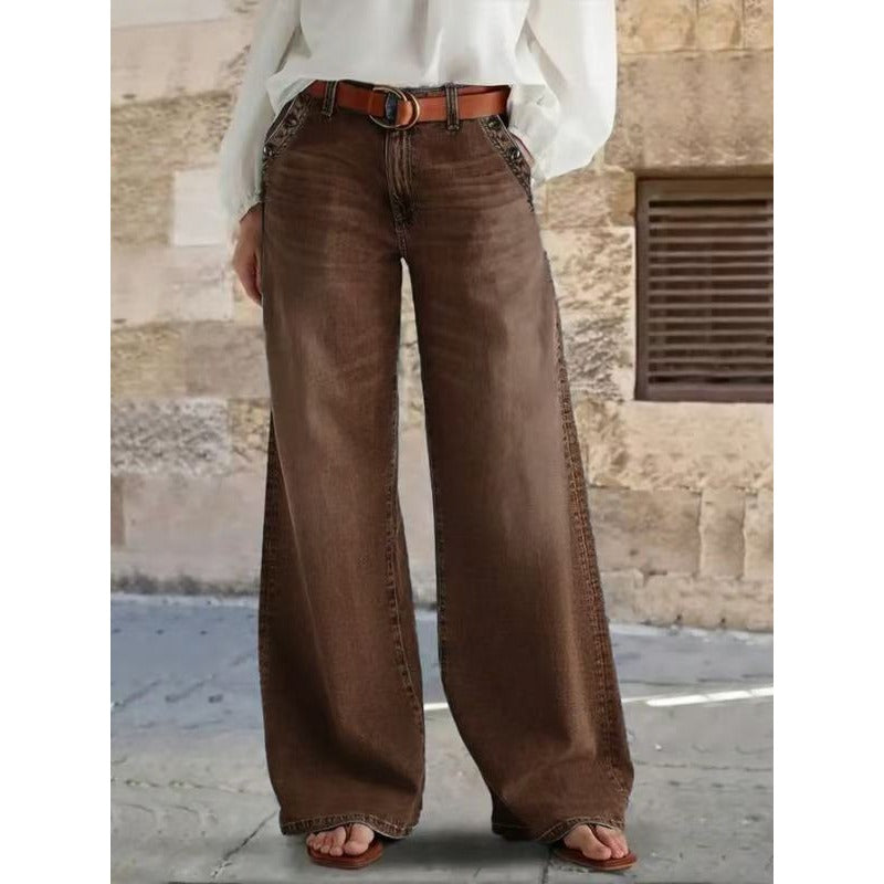 [Retro Wide-Leg Pants] 1pc Women's Retro Brown Wide-Leg Pants with Decorative Buttons & Pockets - Comfortable Versatile Bottoms for Casual Daily Wear, Street Style, Weekend Outings & Office Looks (S-XXL)