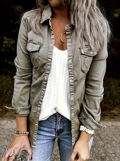 Solid Color Long Sleeve Button Up Retro Style Flap Pocket Denim Shirts Top, Women's Denim Jeans & Clothing