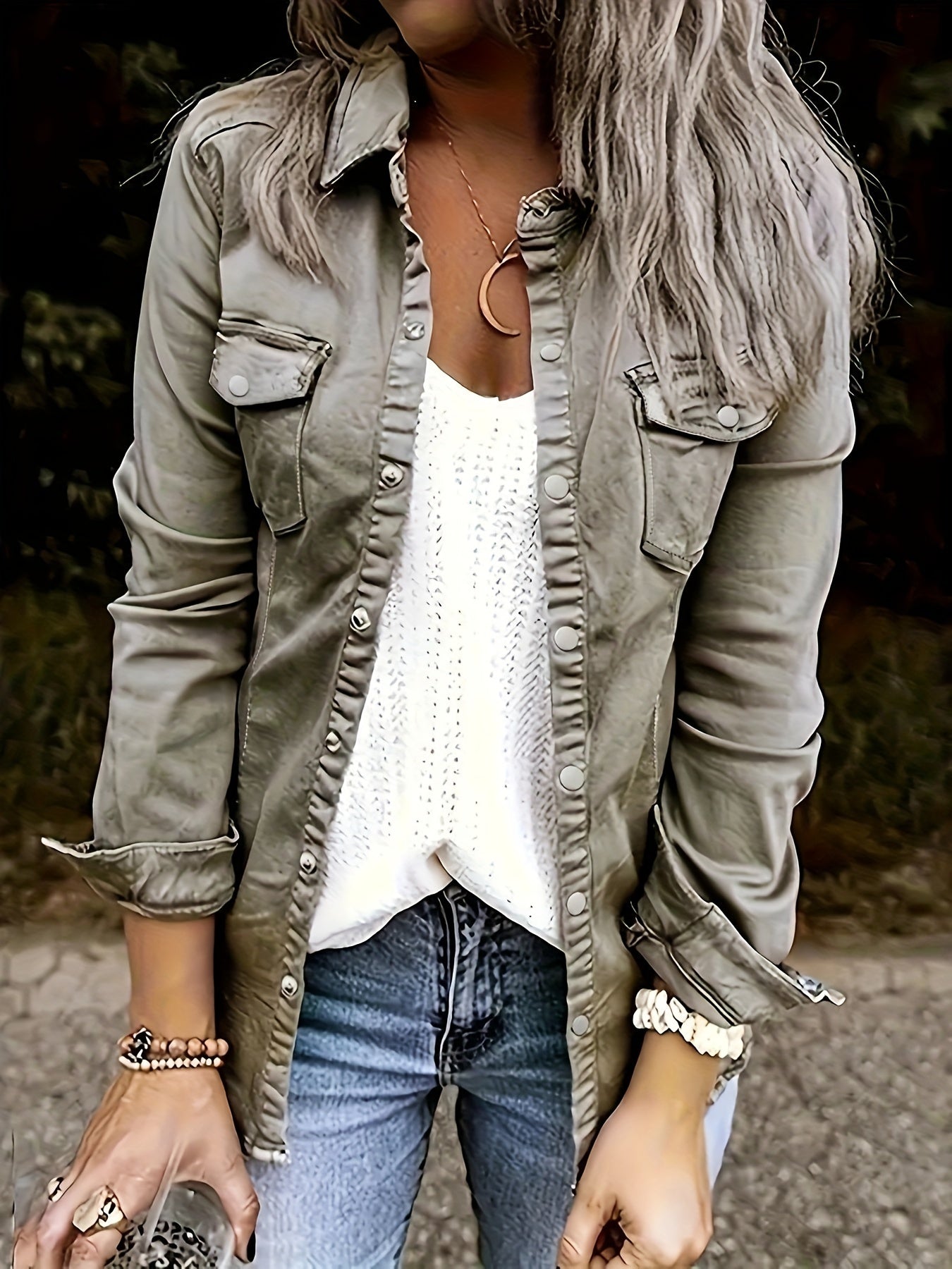 Solid Color Long Sleeve Button Up Retro Style Flap Pocket Denim Shirts Top, Women's Denim Jeans & Clothing