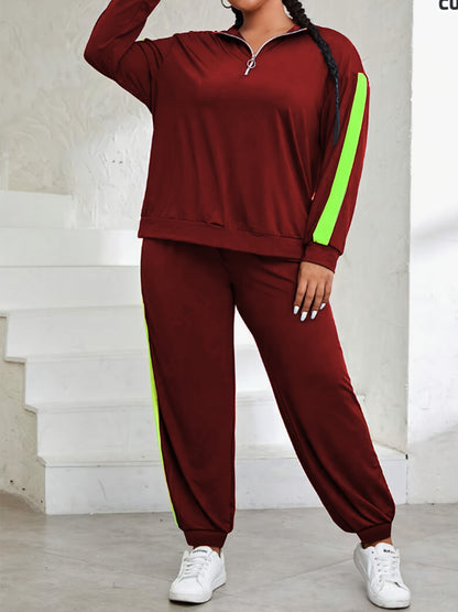 Plus Size, Plus Size Women's Spring And Autumn Contrast Color Casual Suit, Half Zip Pullover Long Sleeve Top And Trousers Two-Piece Set